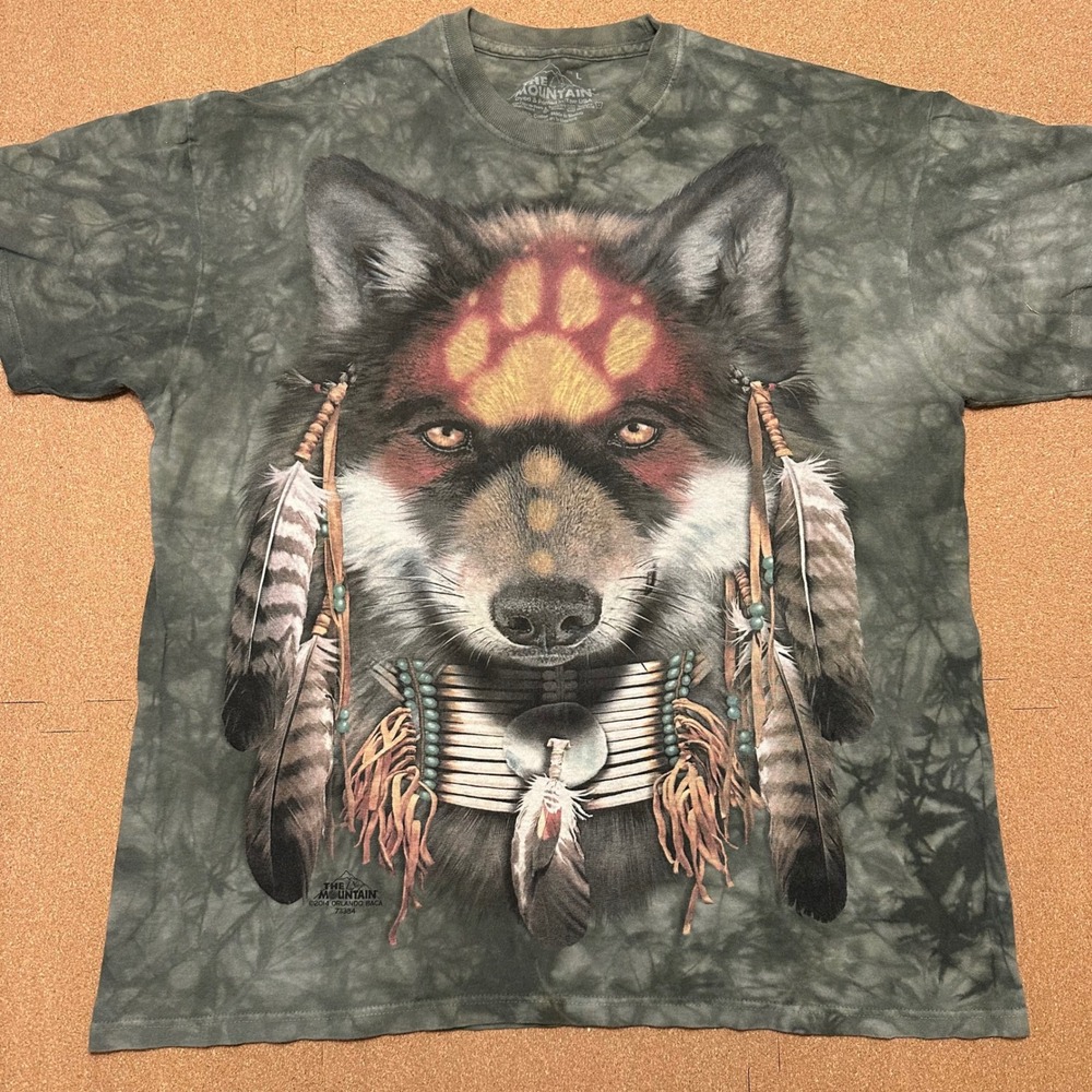 The Mountain T-Shirt Mens Large Green Wolf Feathers Tie Dye Graphic Orlando Baca